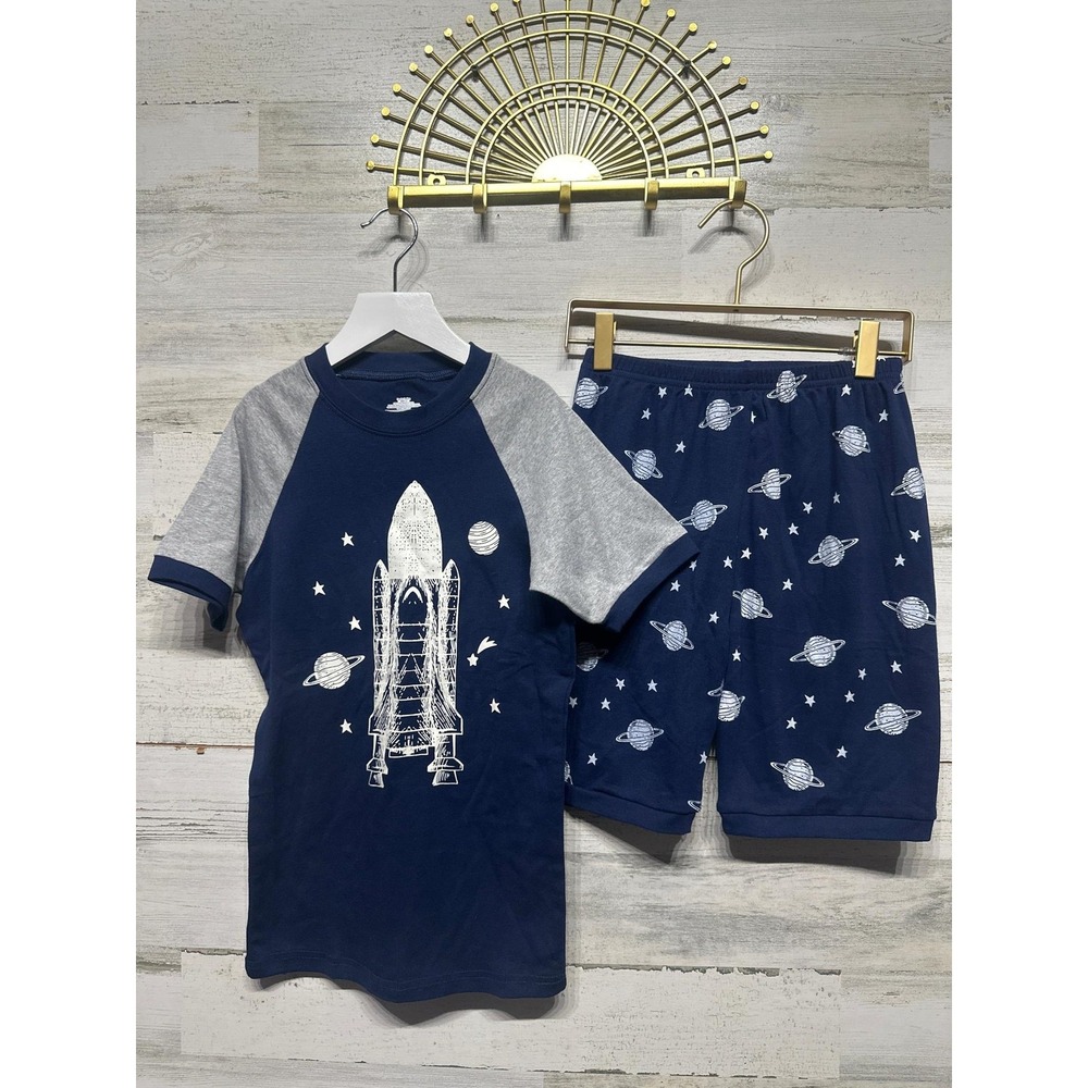 Family Feeling Pajama Set Boys Size 12 Navy Blue Rocket Space Print EUC